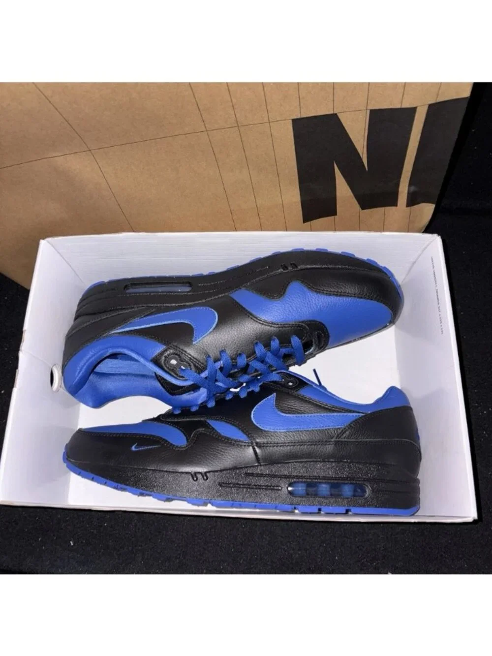 NEW Nike By You Air Max 1 Leather Black Royal Blue HQ3714-900 Men's Size 13